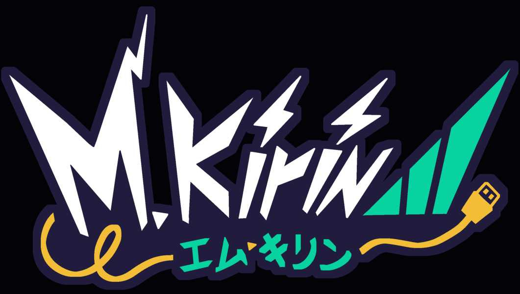 M. Kirin Logo A logo for vtuber and artist M. Kirin. It features the name in a stylized, electric look. Next to it are bars similar to those of a battery or a signal. Framing the name is a yellow electric cable alongside the Japanese Katakana for M. Kirin.